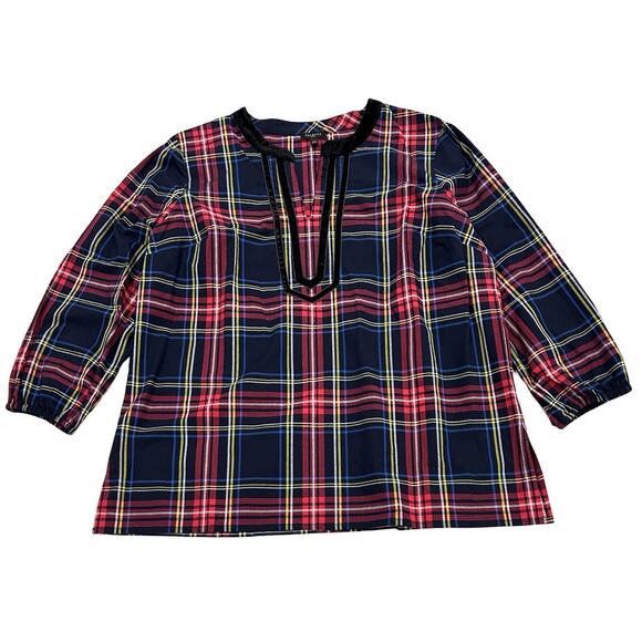 Talbots Split Neck Tunic Top Womens Size L Petite PL Cabin Plaid Blue & Red - Picture 2 of 7